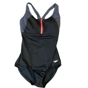 Speedo Endurance+ One Piece Swimsuit Black Zip Neck Sz 8 #293M